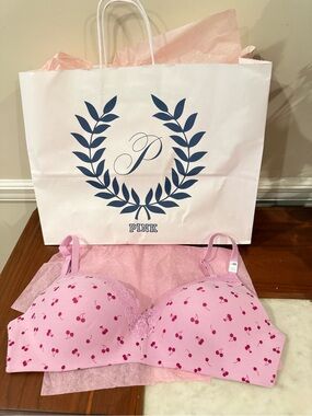 PINK Victoria's Secret Pink Cherry-Print T-Shirt Bra with Lace Trim
